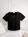  Áo phông nữ chất cotton thiết kế khuyết cổ đính tag 