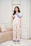  Bộ Pijama nữ Cardina lụa satin thiết kế quần dài họa tiết trái tim 