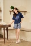  Bộ đồ mặc nhà mùa hè cotton họa tiết kẻ vai chờm tay cộc 