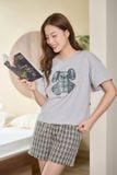  Bộ đồ mặc nhà mùa hè cotton họa tiết kẻ vai chờm tay cộc 