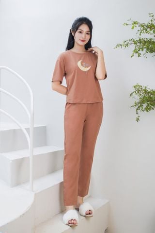 Bộ cotton mặc nhà Cardina cao cấp quần dài cổ tròn tay lửng