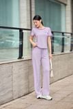  Bộ cotton nữ dáng quần dài phối kẻ cổ viền hình in ngực 