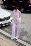  Bộ cotton nữ dáng quần dài phối kẻ cổ viền hình in ngực 