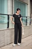  Bộ cotton nữ dáng quần dài phối kẻ cổ viền hình in ngực 