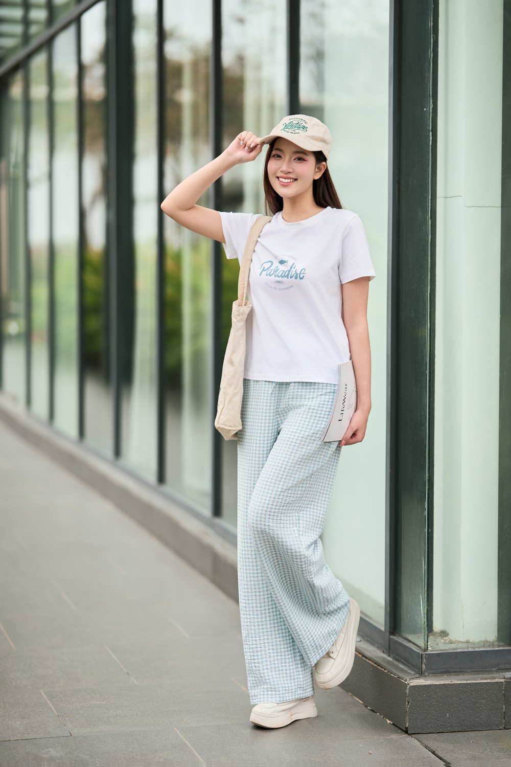 Bộ áo cotton quần kẻ phối cạp chất thô đũi không nhăn