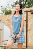  Bộ đồ mặc nhà Cardina chất đũi bamboo quần kẻ áo sát nách xẻ sau 