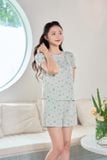  Đồ bộ mặc ở nhà chất thô họa tiết hoa nhí đùi cổ tròn tay bồng 