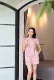  Đồ bộ mặc ở nhà chất thô họa tiết hoa nhí đùi cổ tròn tay bồng 