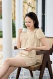  Bộ thô kẻ mặc nhà nữ dáng quần đùi cổ tròn nhún ngực 