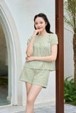  Bộ thô kẻ mặc nhà nữ dáng quần đùi cổ tròn nhún ngực 