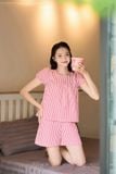  Bộ thô kẻ mặc nhà nữ dáng quần đùi cổ tròn nhún ngực 