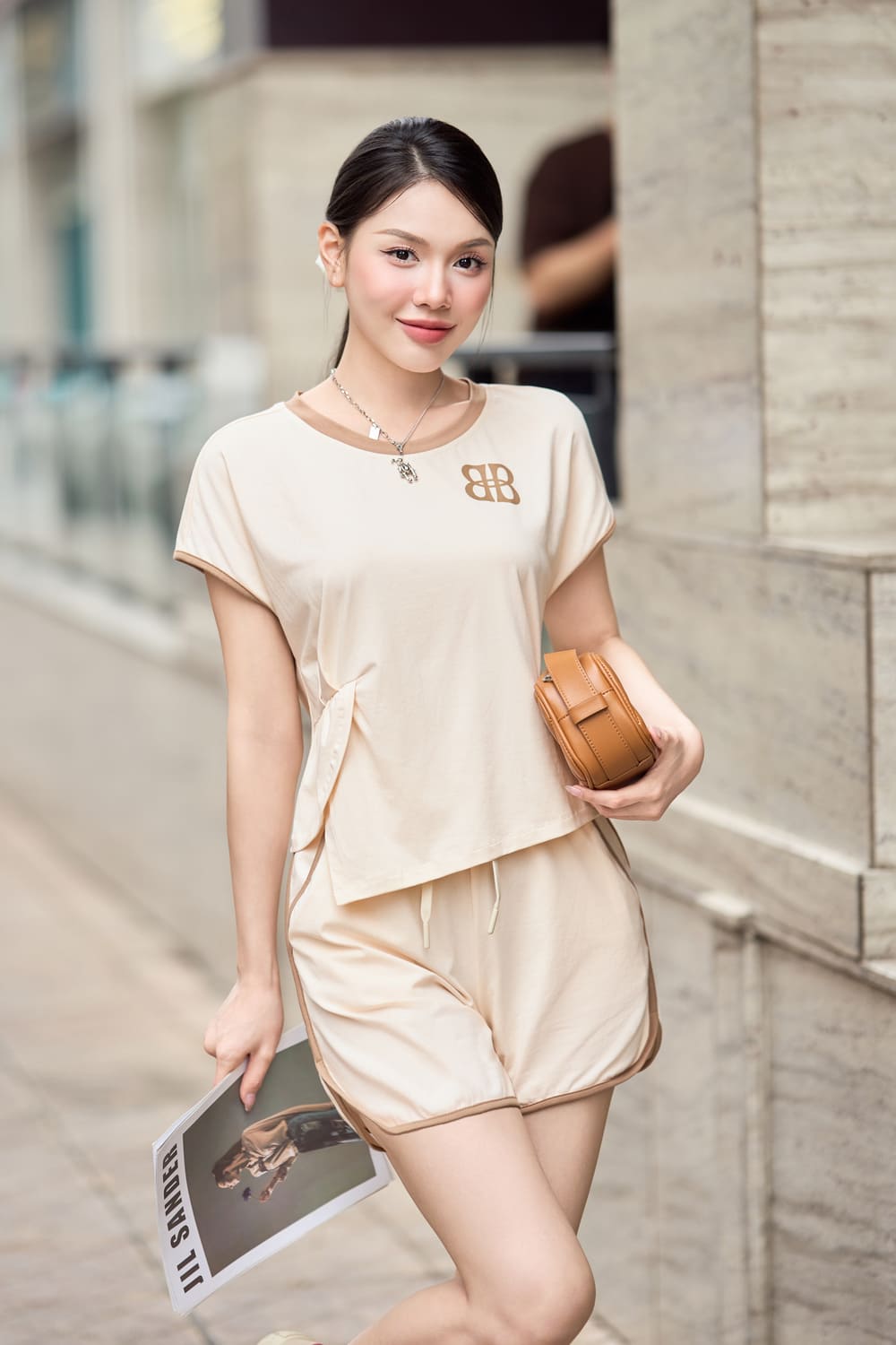 Bộ đùi mặc nhà nữ chất liệu cotton tay liền xếp ly eo