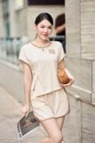  Bộ đùi mặc nhà nữ chất liệu cotton tay liền xếp ly eo 