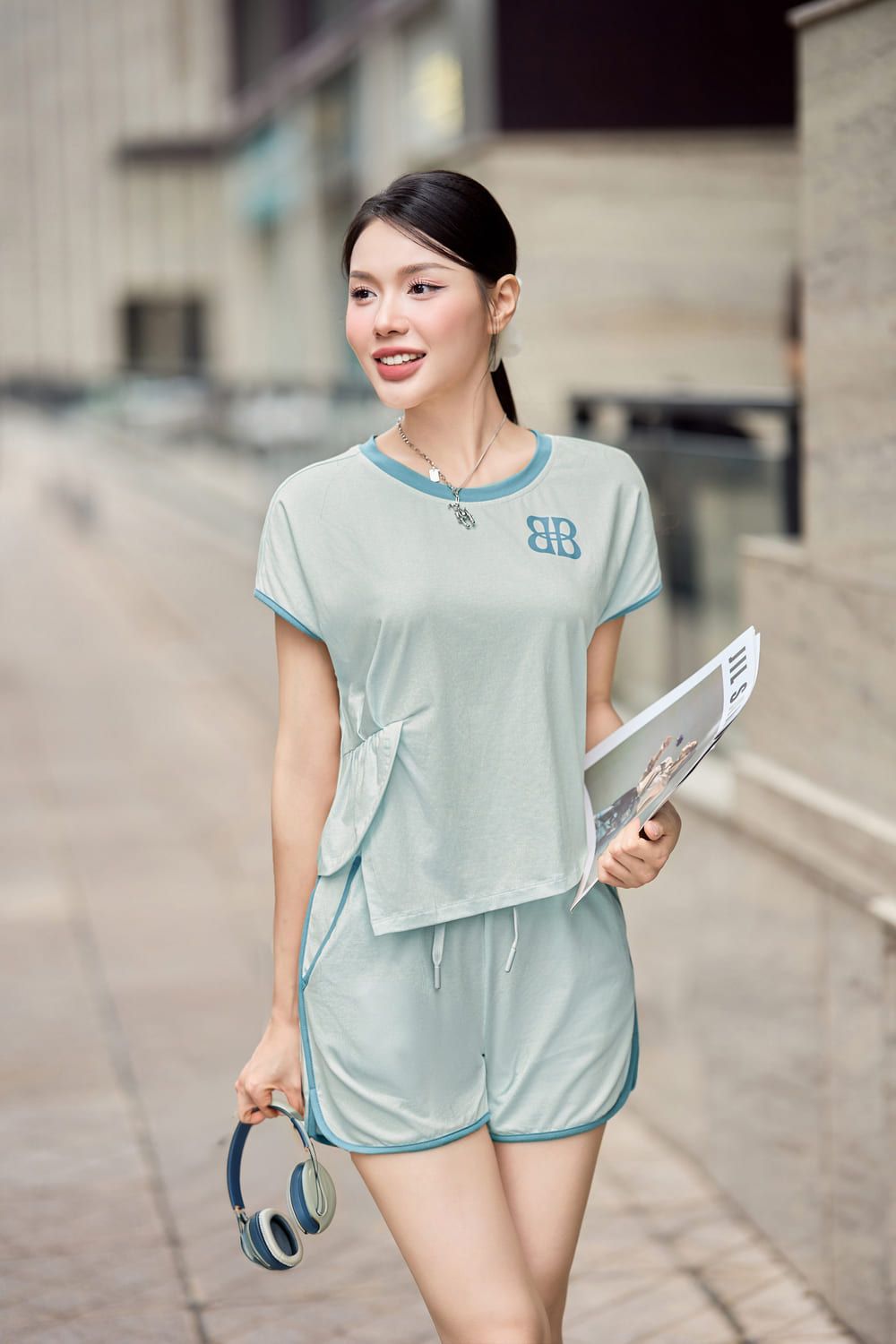  Bộ đùi mặc nhà nữ chất liệu cotton tay liền xếp ly eo 