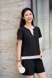  Bộ đùi mặc nhà nữ tay cộc chất cotton phối gấu layer cổ bổ trụ V đính cúc 