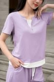  Bộ đùi mặc nhà nữ tay cộc chất cotton phối gấu layer cổ bổ trụ V đính cúc 