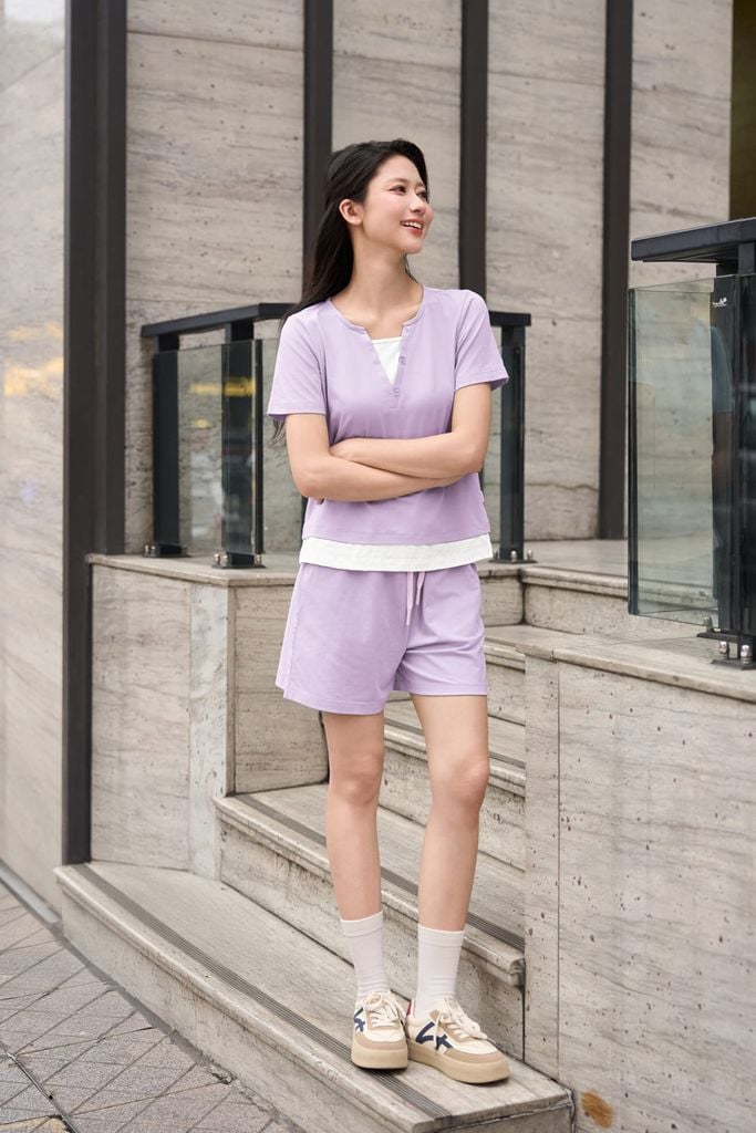  Bộ đùi mặc nhà nữ tay cộc chất cotton phối gấu layer cổ bổ trụ V đính cúc 