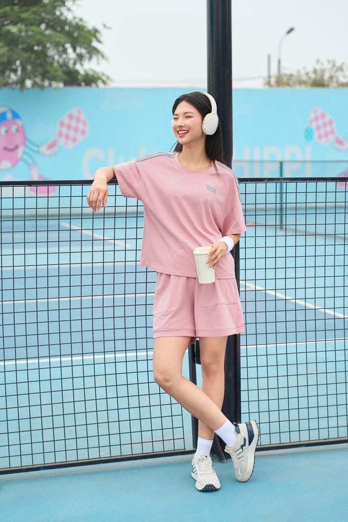  Bộ cotton đùi thể thao nữ phối kẻ cạp chun co giãn, túi 2 bên tiện lợi 