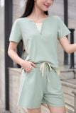  Bộ đùi mặc nhà nữ tay cộc chất cotton phối gấu layer cổ bổ trụ V đính cúc 