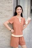  Bộ đùi mặc nhà nữ tay cộc chất cotton phối gấu layer cổ bổ trụ V đính cúc 
