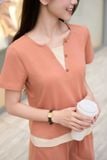  Bộ đùi mặc nhà nữ tay cộc chất cotton phối gấu layer cổ bổ trụ V đính cúc 