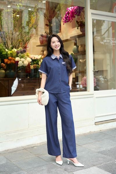  Bộ jean áo cộc quần suông chất jean giấy thoáng mát, mềm mại 