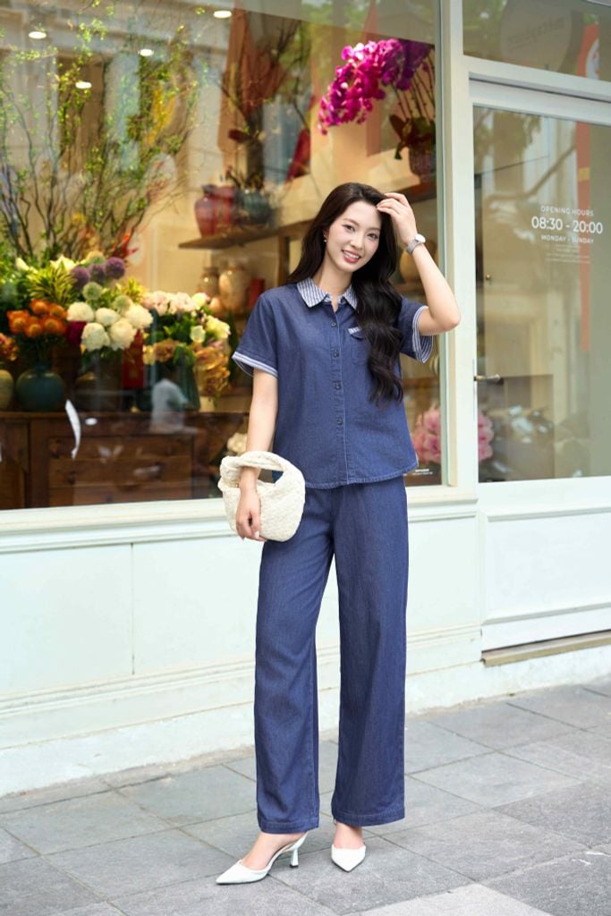  Bộ jean áo cộc quần suông chất jean giấy thoáng mát, mềm mại 