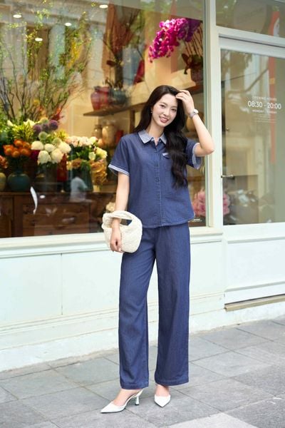  Bộ jean áo cộc quần suông chất jean giấy thoáng mát, mềm mại 