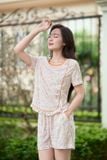  Bộ mặc nhà nữ dáng quần đùi cộc tay gấu bèo chất lanh họa tiết hoa mềm 
