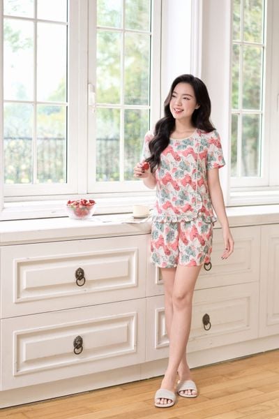  Bộ mặc nhà nữ dáng quần đùi cộc tay gấu bèo chất lanh họa tiết hoa mềm 