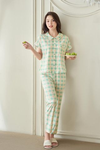 Bộ mặc nhà kẻ quần dài tay liền chất lụa hàn châu