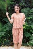  Bộ lửng mặc nhà nữ chất thô kẻ cổ V tay chuông họa tiết 
