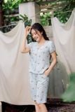  Bộ lửng mặc nhà nữ chất thô kẻ cổ V tay chuông họa tiết 