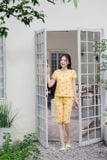  Bộ lửng mặc nhà nữ chất thô kẻ cổ V tay chuông họa tiết 