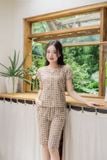  Bộ lửng mặc nhà nữ chất thô kẻ cổ V tay chuông họa tiết 