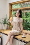  Bộ lửng mặc nhà nữ chất thô kẻ cổ V tay chuông họa tiết 