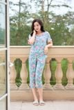 Bộ lửng mặc nhà nữ chất liệu lanh tay cộc phối bèo in họa tiết 