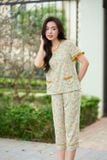  Bộ lửng mặc nhà nữ chất liệu lanh tay cộc phối bèo in họa tiết 