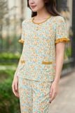  Bộ lửng mặc nhà nữ chất liệu lanh tay cộc phối bèo in họa tiết 