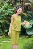  Đồ bộ vải đũi bamboo dáng lửng phối áo sát nách thêu sườn nhún tà lệch 