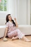  Bộ pijama nữ mặc nhà chất liệu lụa Satin quần suông cổ sóng 