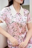  Bộ pijama nữ mặc nhà chất liệu lụa Satin quần suông cổ sóng 