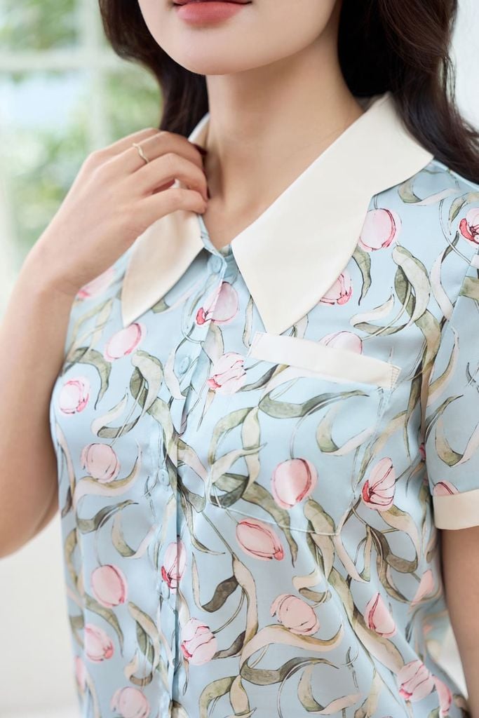  Bộ pijama nữ mặc nhà chất liệu lụa Satin quần suông cổ sóng 