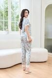  Bộ pijama nữ mặc nhà chất liệu lụa Satin quần suông cổ sóng 