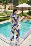  Bộ đũi nữ hoạ tiết thanh lịch dáng quần dài cổ vest có phối 