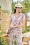  Bộ đũi nữ hoạ tiết thanh lịch dáng quần dài cổ vest có phối 