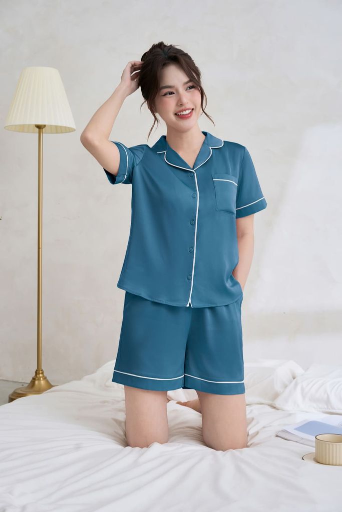  Bộ pyjama đùi mặc nhà nữ chất lụa có lé viền ngắn tay 