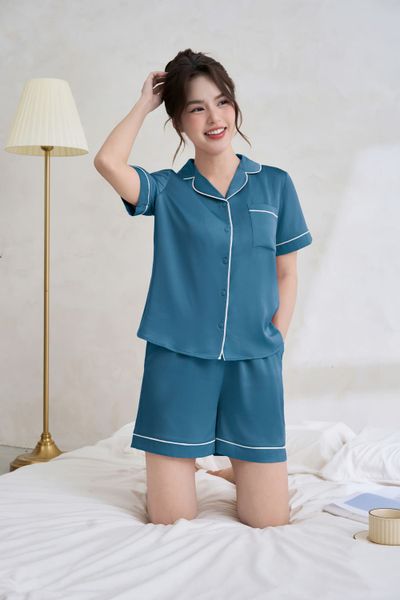  Bộ pyjama đùi mặc nhà nữ chất lụa có lé viền ngắn tay 