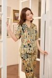  Bộ pyjama lụa quần dài ống suông tay lỡ họa tiết mặc nhà Cardina 
