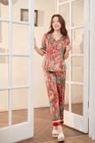  Bộ pyjama lụa quần dài ống suông tay lỡ họa tiết mặc nhà Cardina 